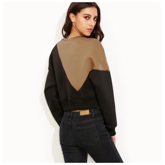 Black & Tan Color Block Scuba Fabric Top - Picture 2 of 4