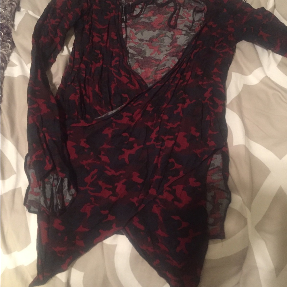 Red and blue camouflage shirt.