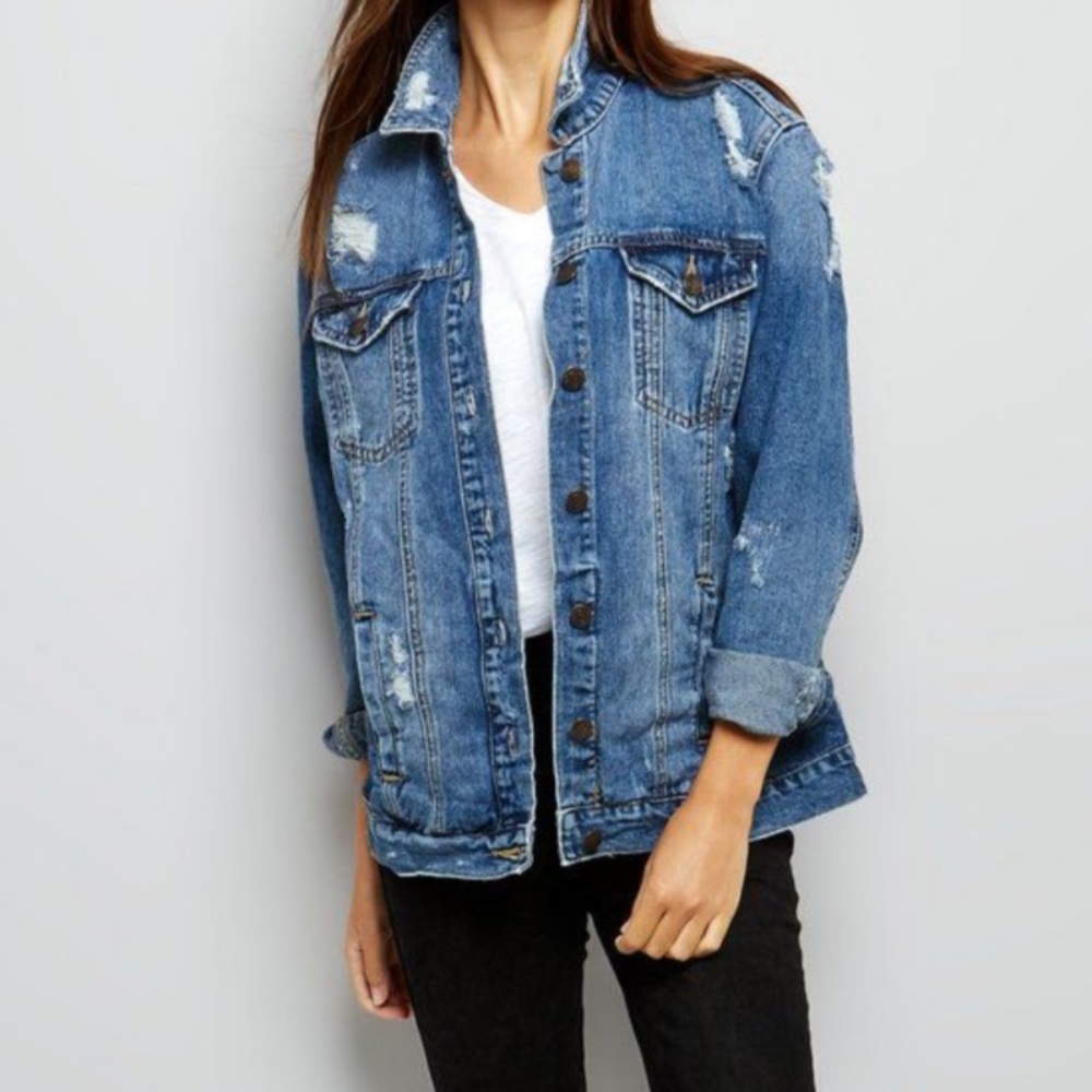 New Look oversized distressed blue denim jacket