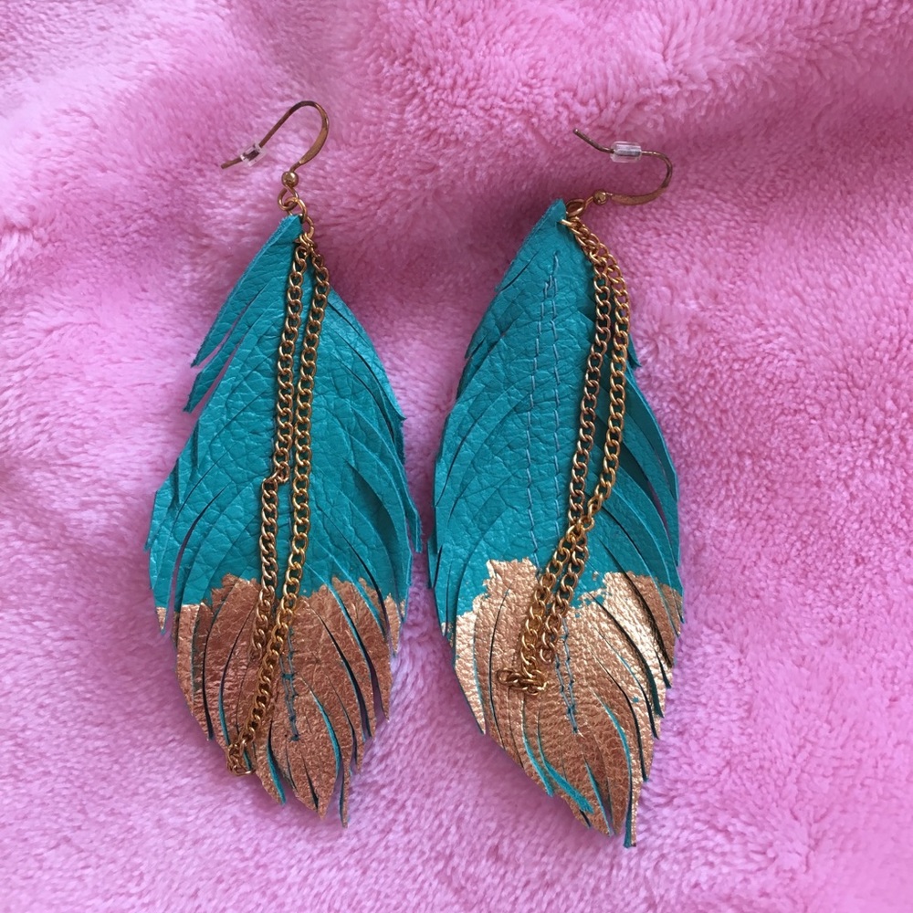 Gold dipped teal feather earrings