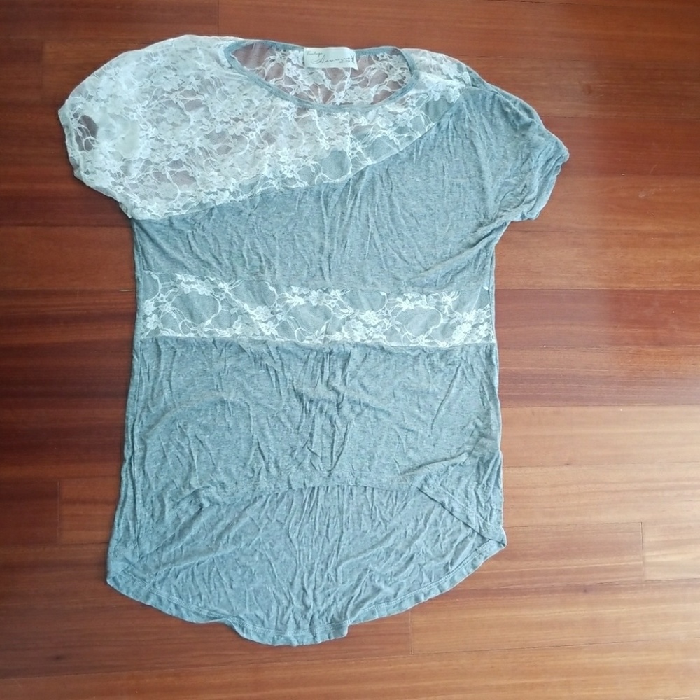 New! Gray and lace short sleeve top. Size large