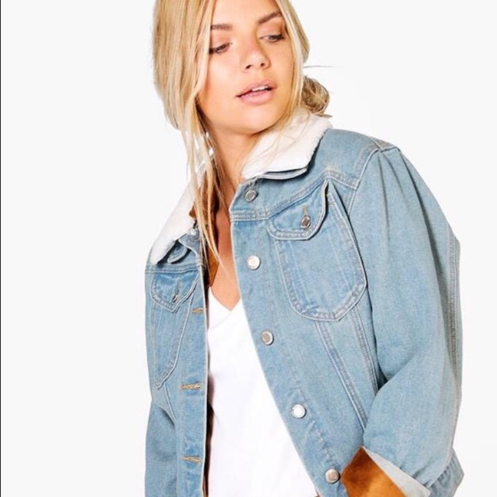 Boohoo Sally Slim fit Borg Collar Denim Jacket !