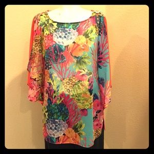 Cluny by Cynthia Steffe ocean print silk blouse.