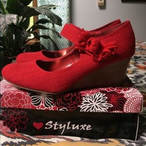 Never been worn red strapped wedge heels size 10