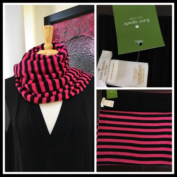 KATE SPADE LONG BLACK PINK STRIPE SIGNATURE SCARF - Picture 3 of 6