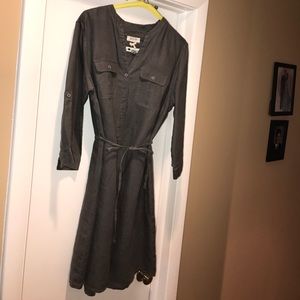 Gray linen shirt dress.