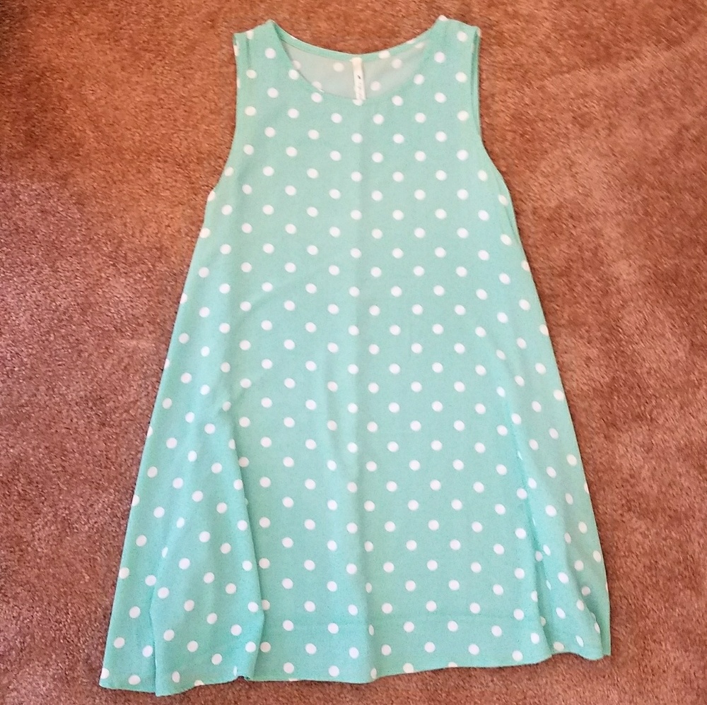 Teal and White Polka Dot Swing Dress With Pockets