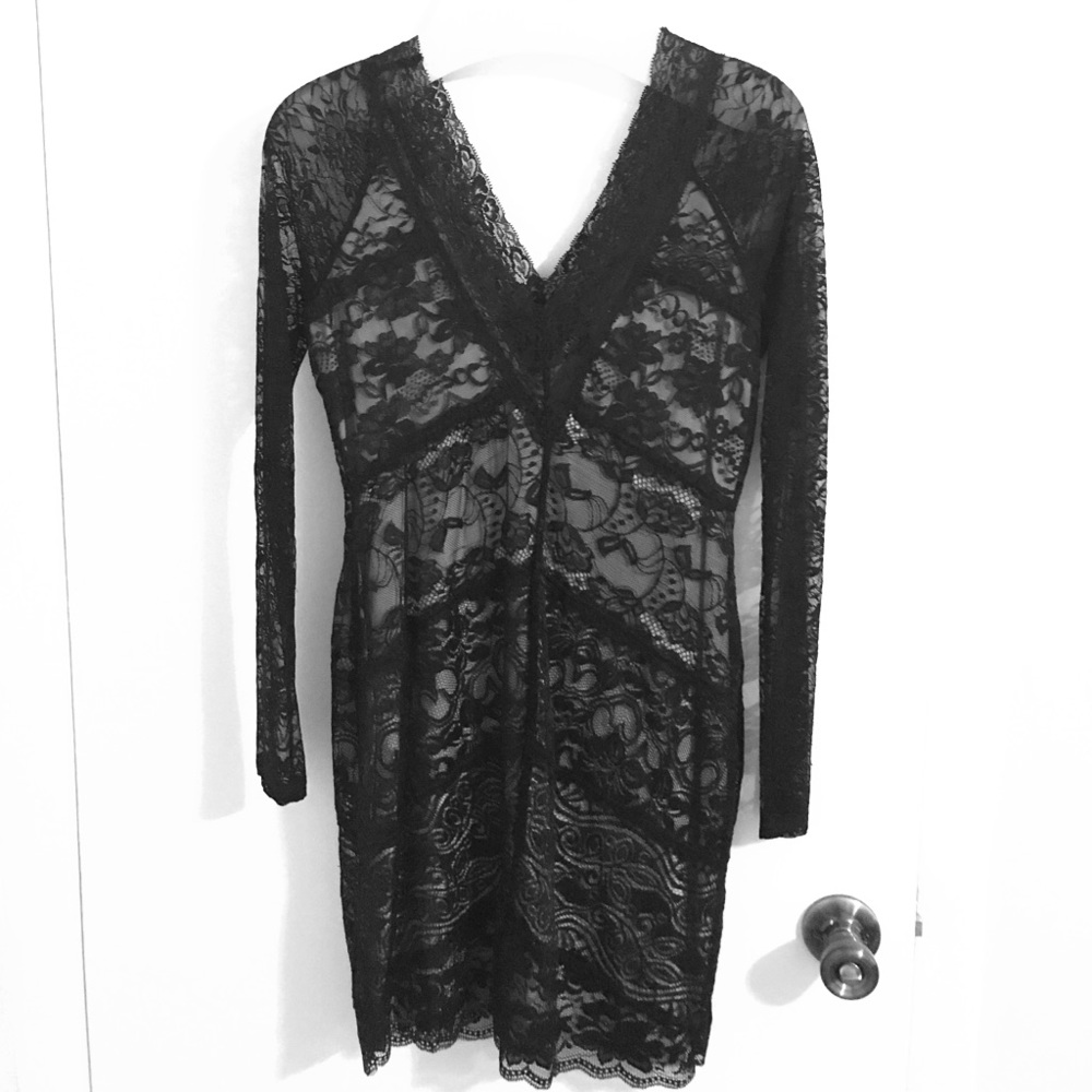 Long sleeve black lace vneck dress