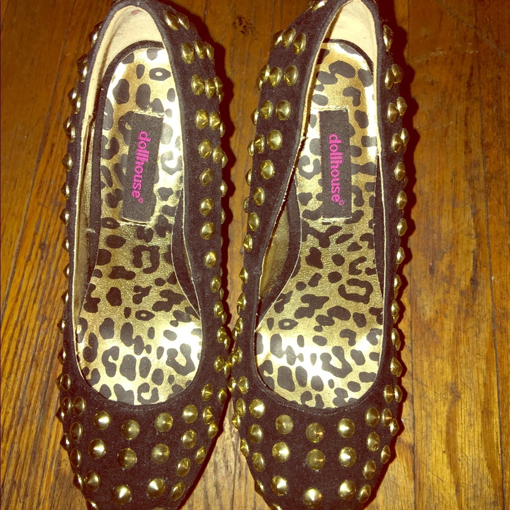 Black studded heels with hot pink printed sole