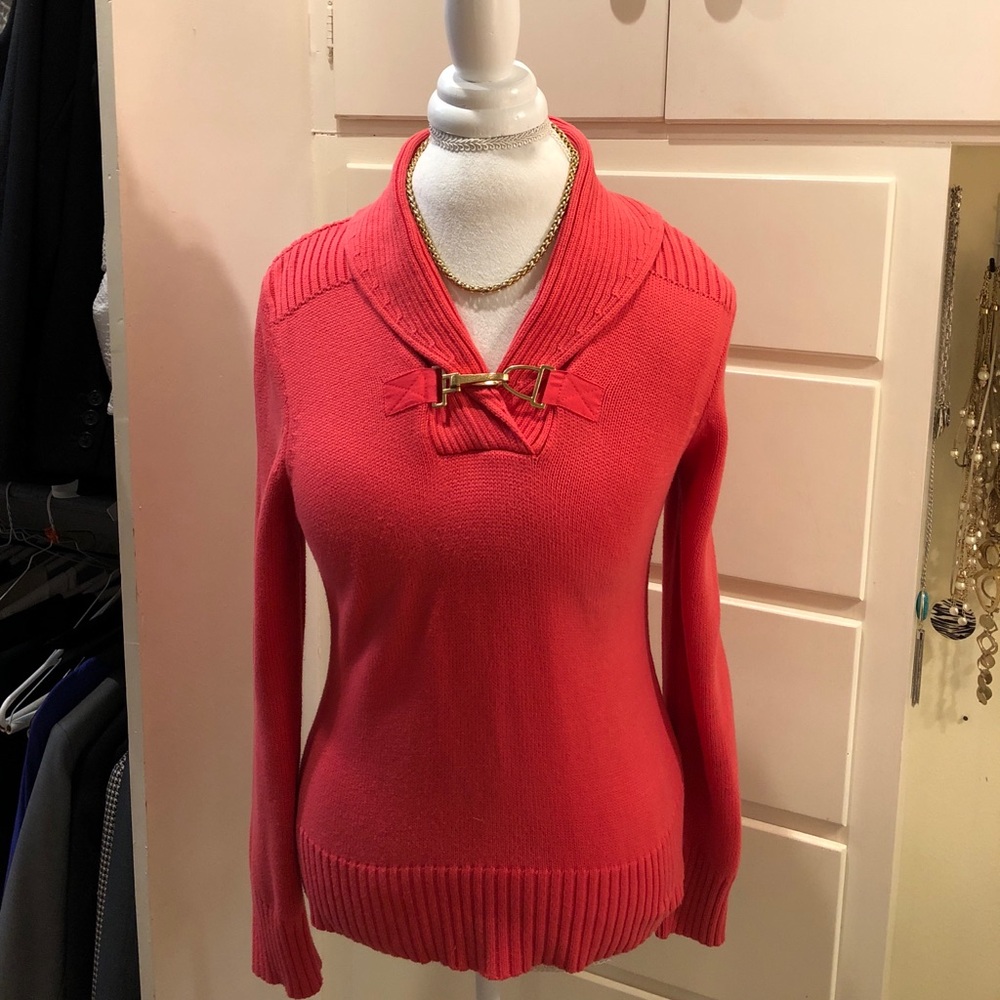 Chaps Coral Sweater with Gold Buckle Collar