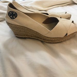 Tory Burch Canvas Peep Toe Wedges SZ 9