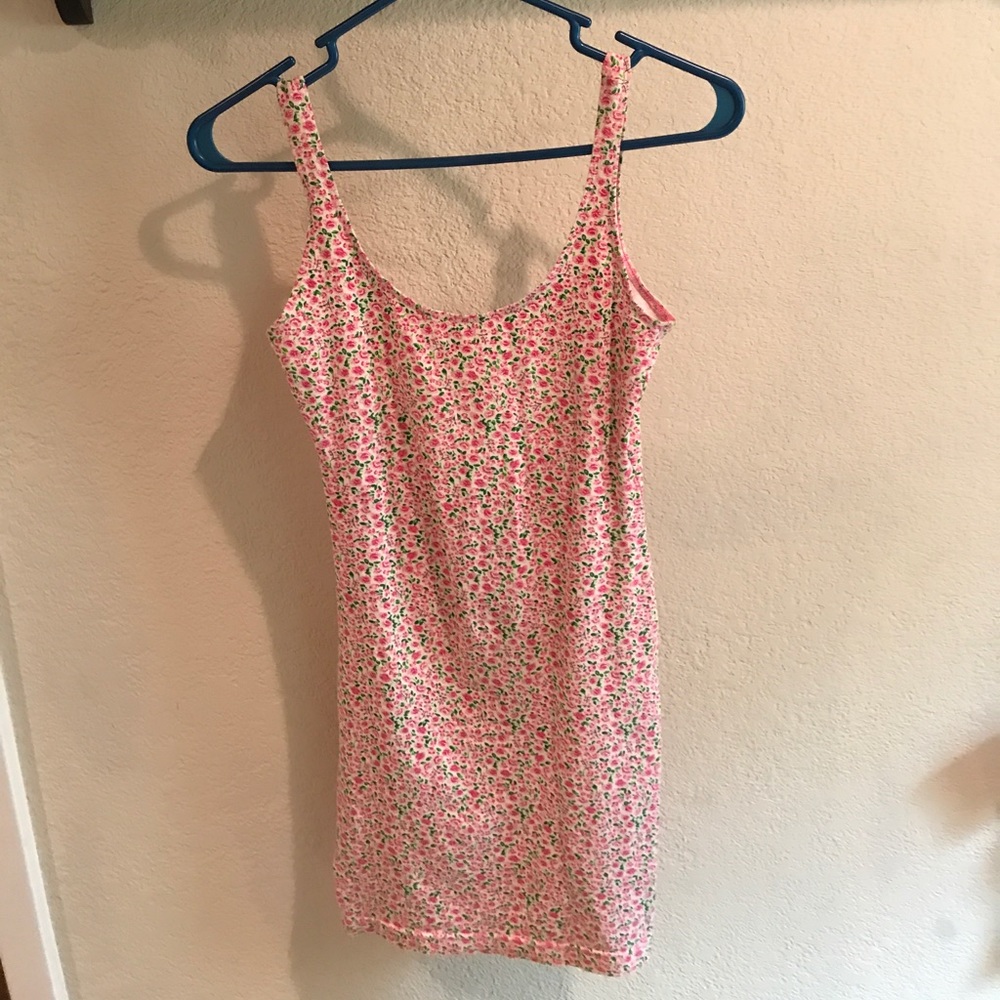 Pink flowered mini dress.