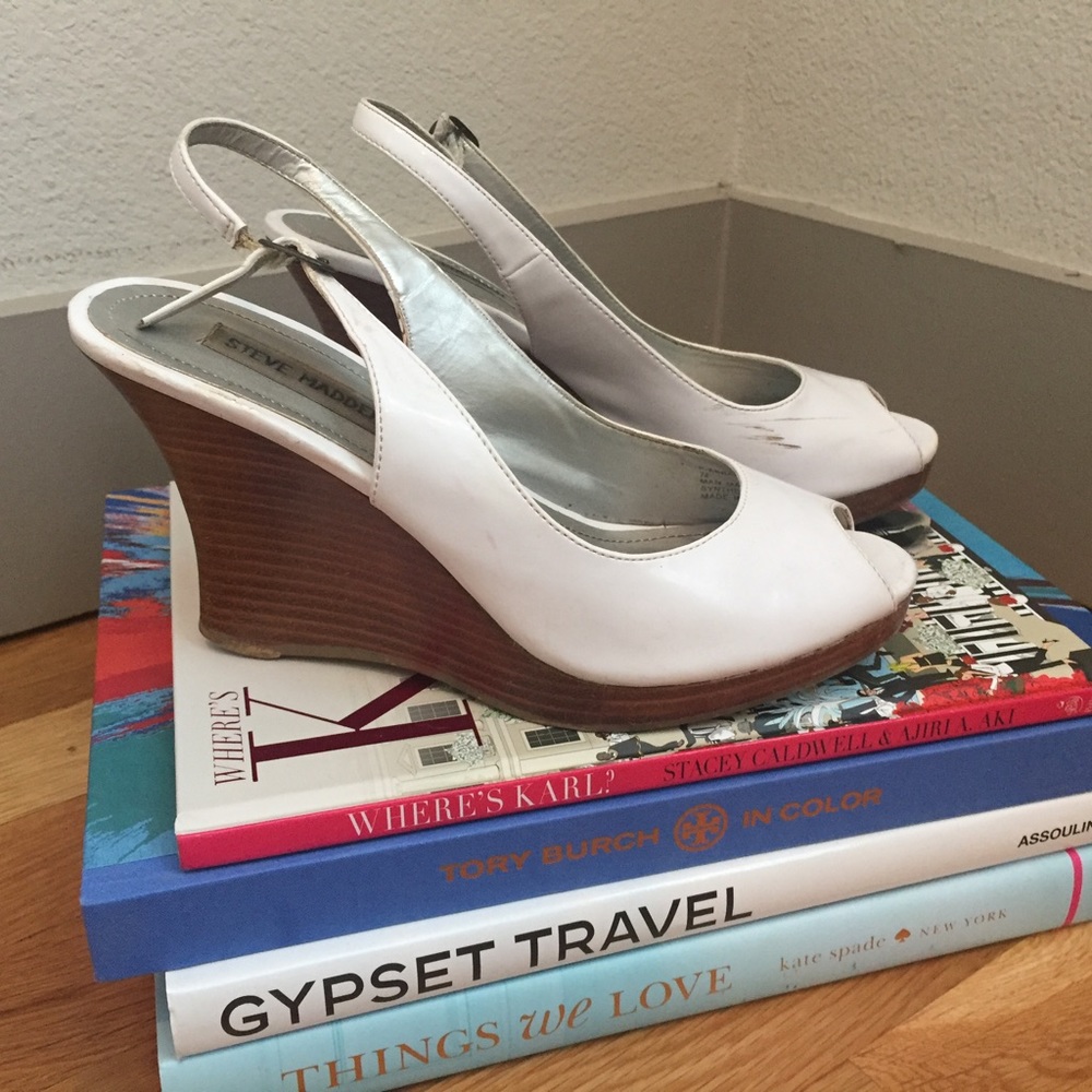 Steve Madden "Abbaa" White Patent Slingback Wedge