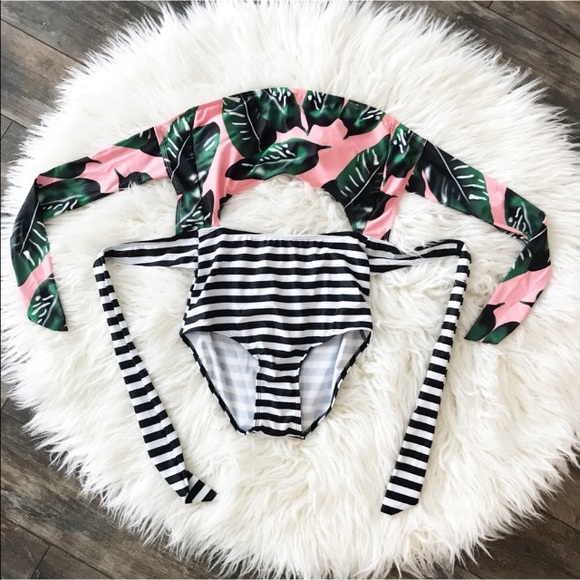 💙LAST ONE💙 Striped Tropical Leaf Pink One Piece - Picture 6 of 8