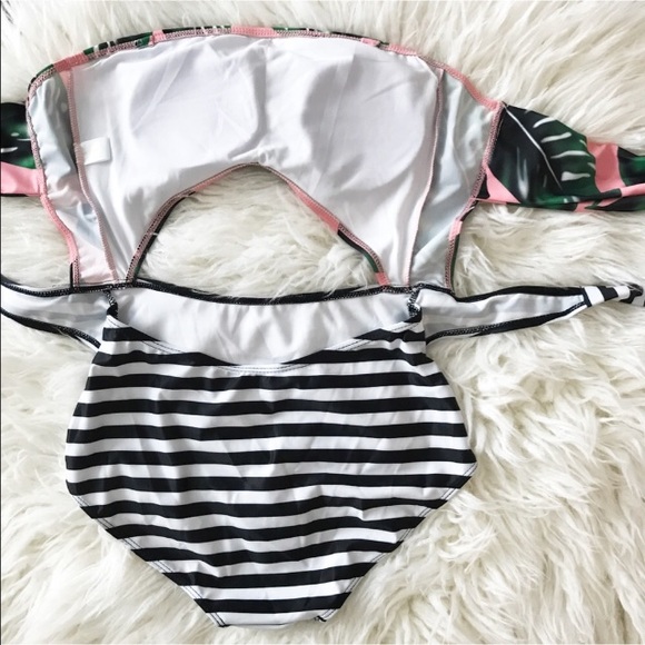 💙LAST ONE💙 Striped Tropical Leaf Pink One Piece - Picture 7 of 8