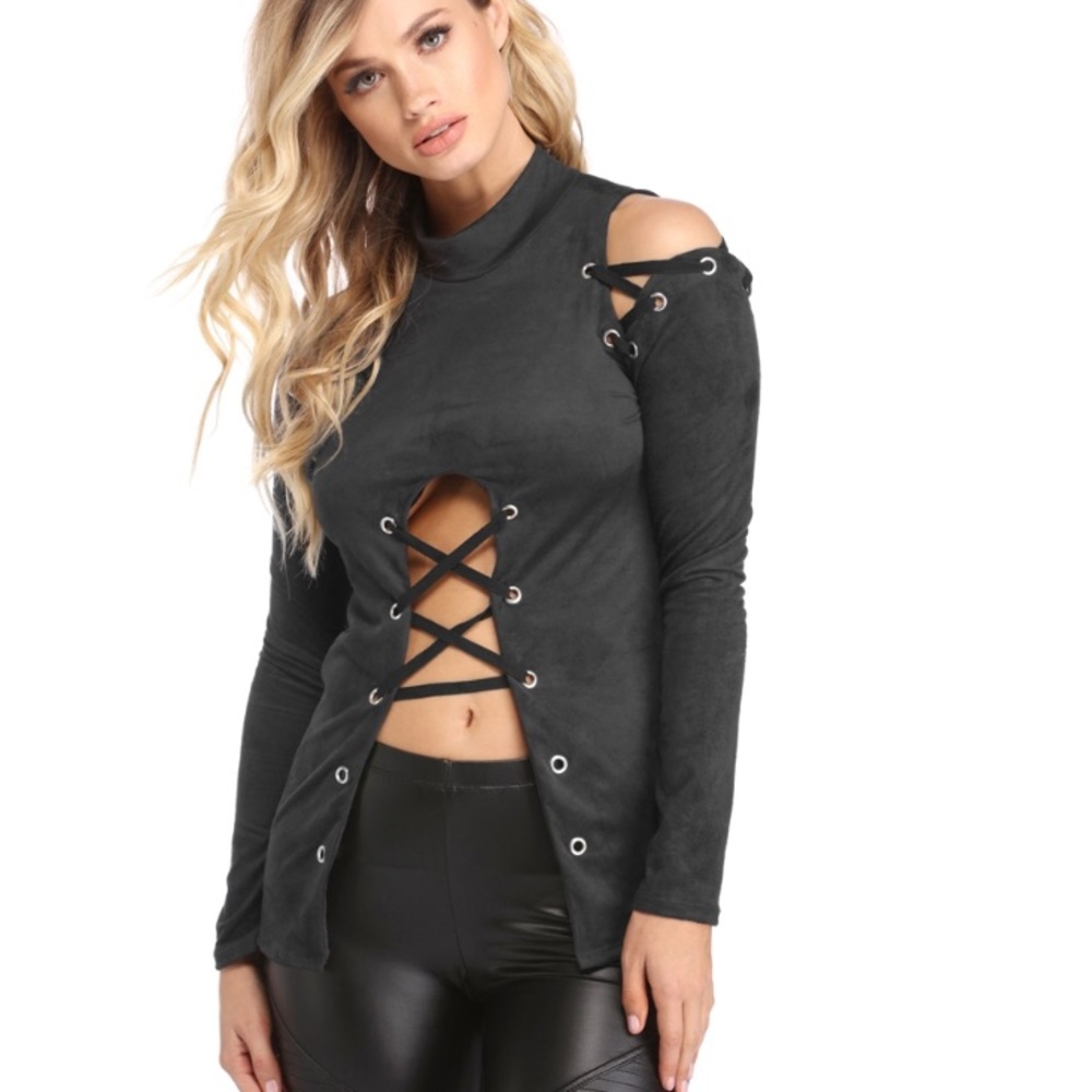 Beautiful black laced faux suede long sleeve shirt
