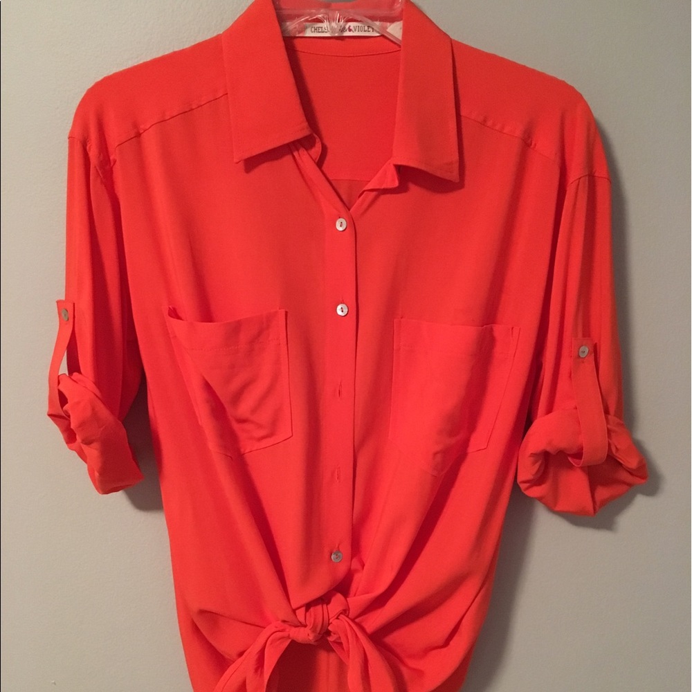 Orange Chelsea & Violet tie front silky buttondown