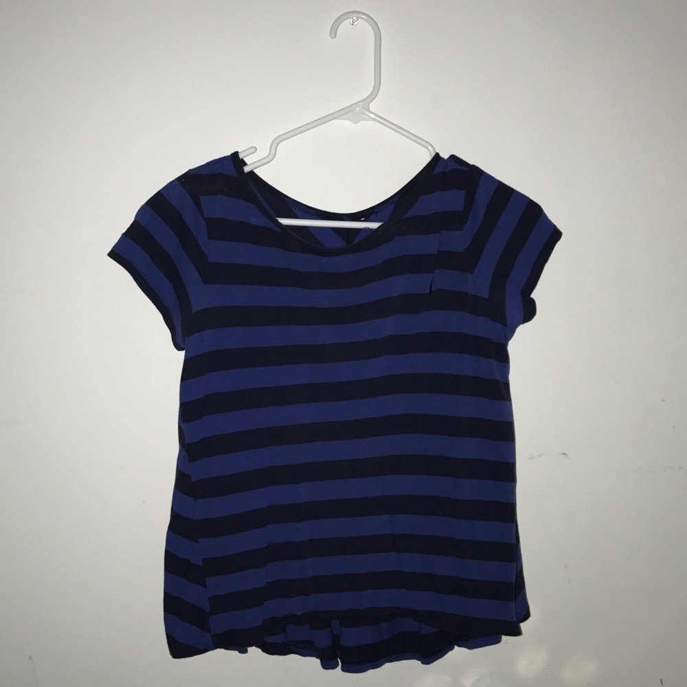 Black and blue striped polo shirt.