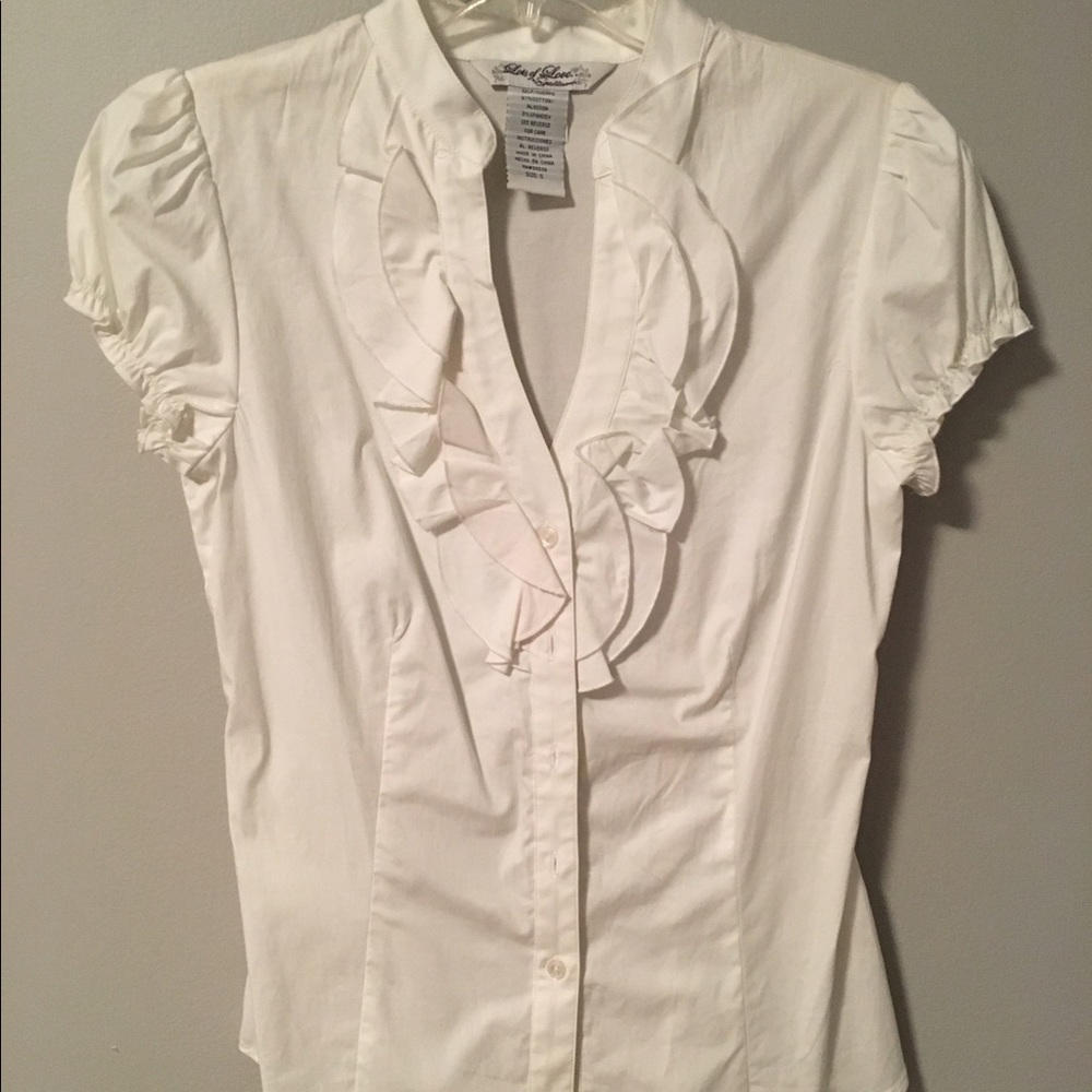 White ruffle front button down business blouse