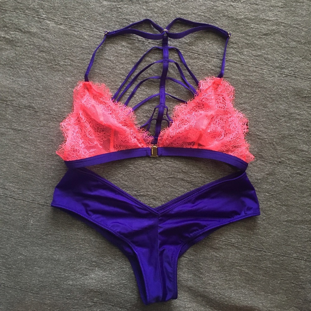 VS neon pink and dark purple unlined bralette set