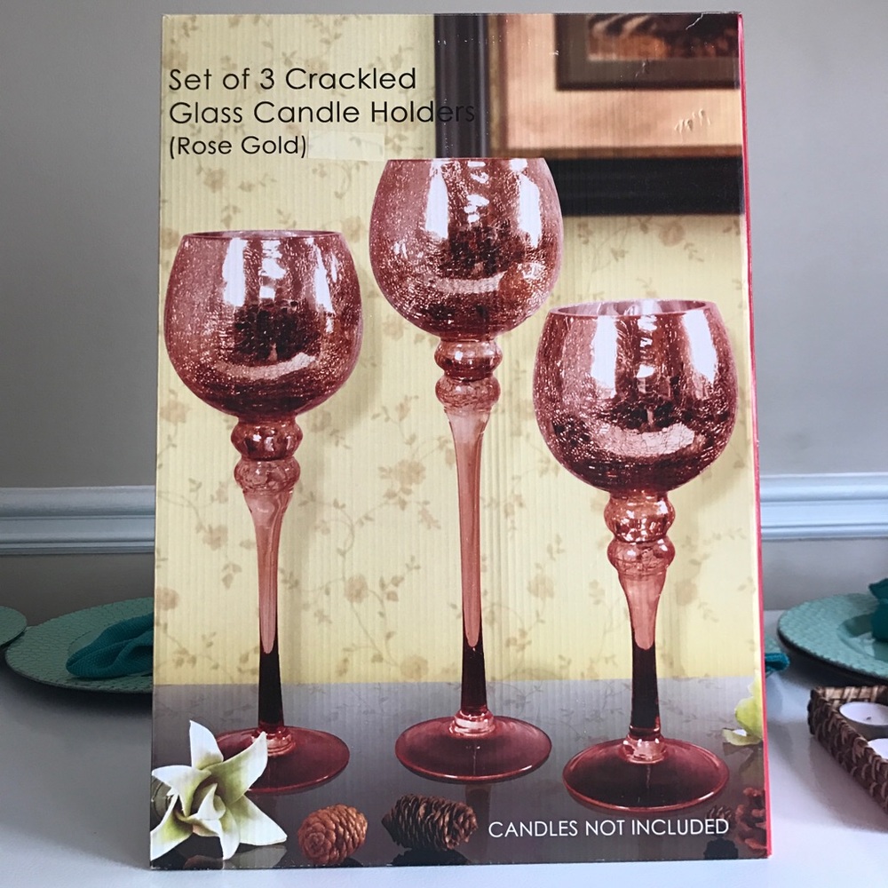 BRand New Set of 3 Crackled Glass Candle Holders