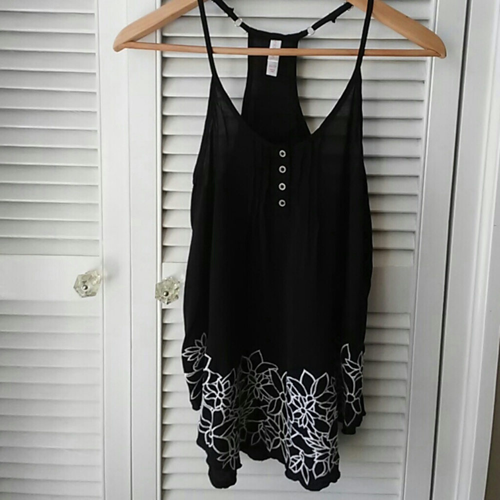 Black tank with embroidered flowers