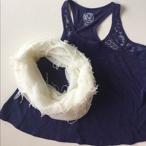 Blue shirt with off white scarf