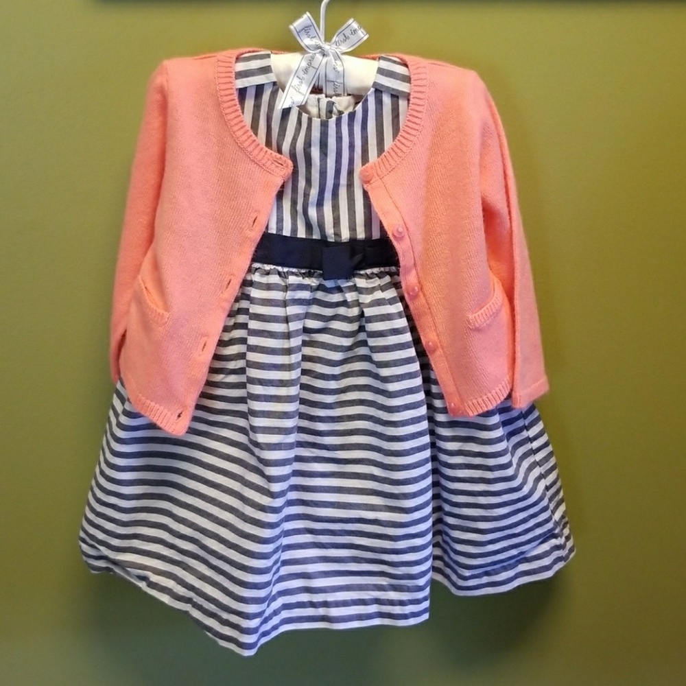 Chambray dress with matching coral cardigan