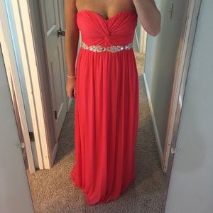 Full length strapless pink prom dress