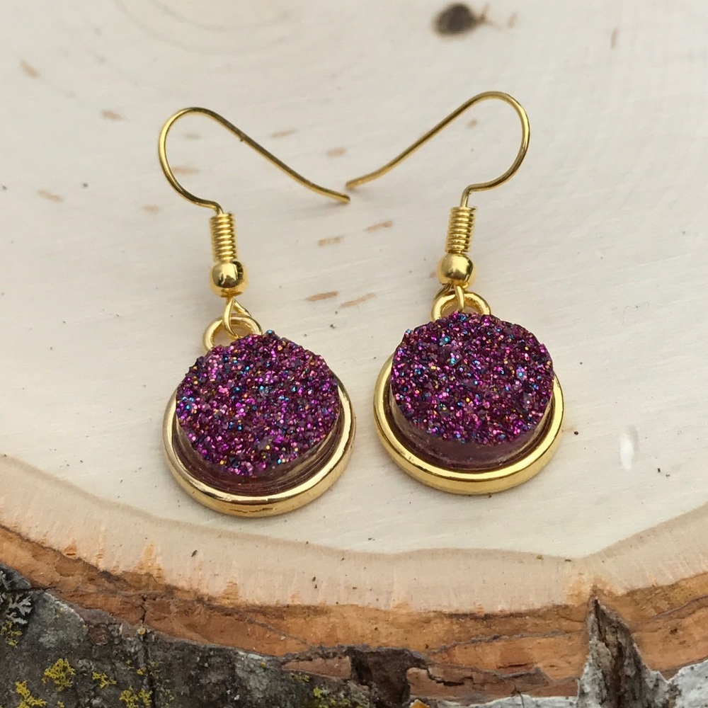 Purple & Gold Druzy Earrings
