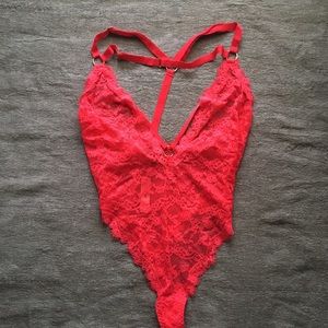 Strappy VS red lace and fishnet teddy