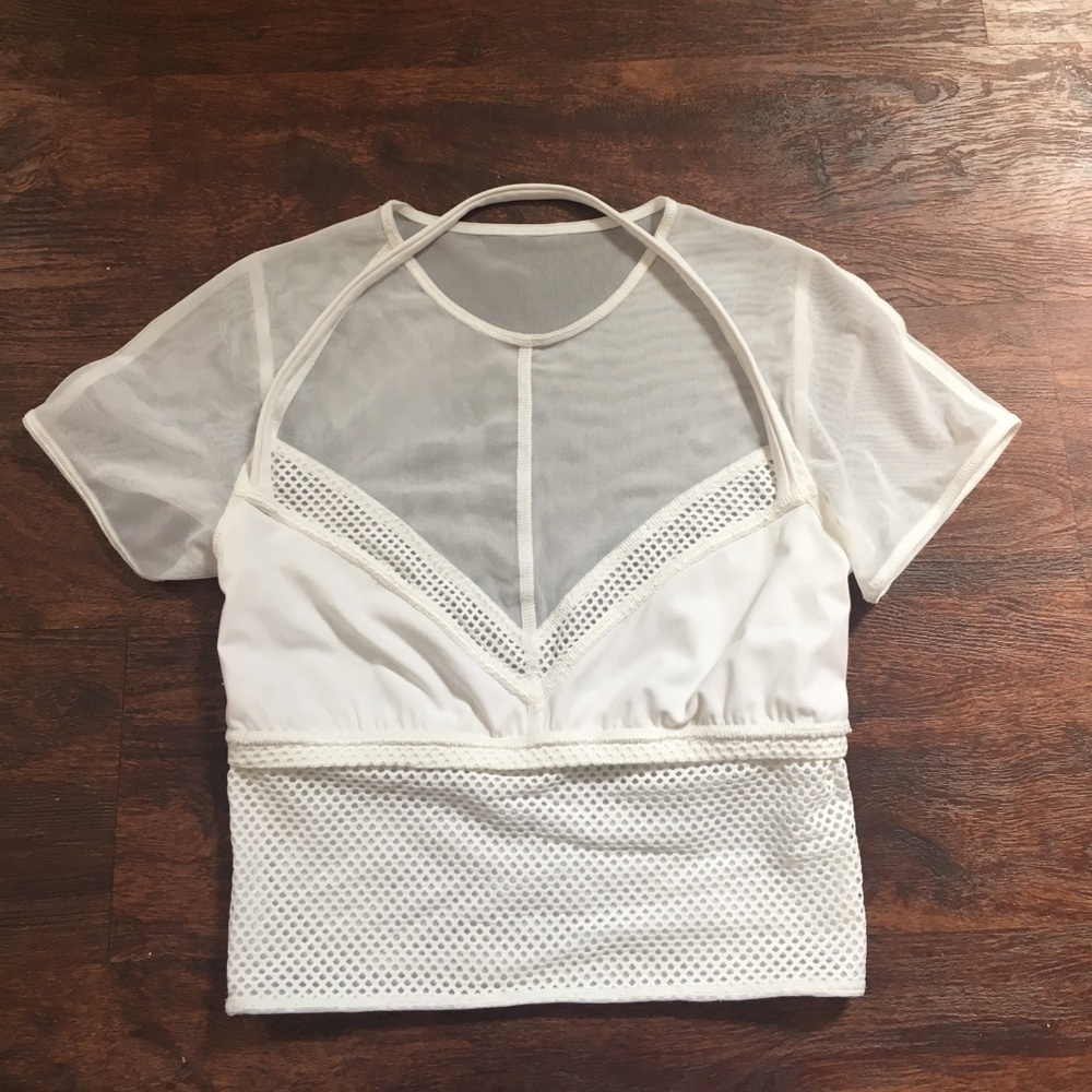 White crop top with mesh detail