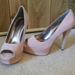 Pink Peeptoe Faux Suede Heels