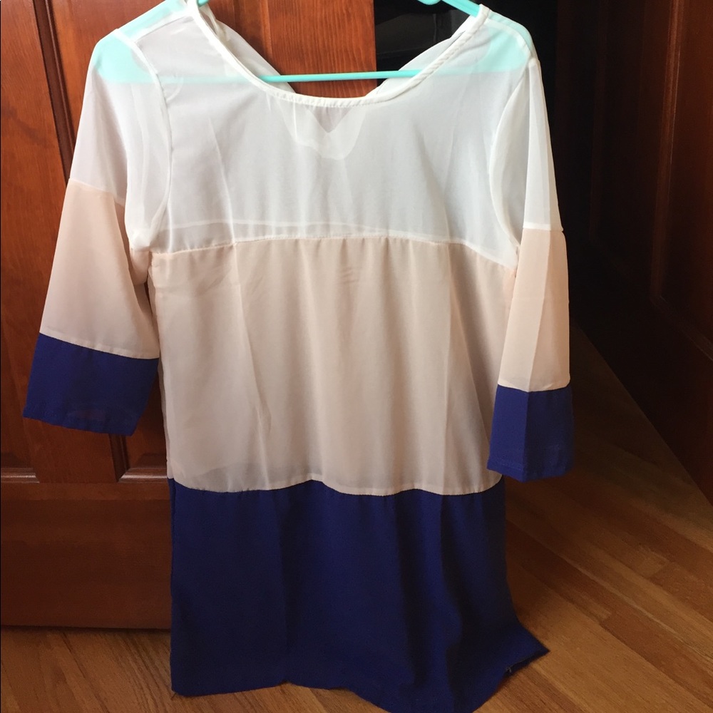 White peach, navy shift dress
