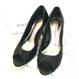 WHBM black satin open toe heels
