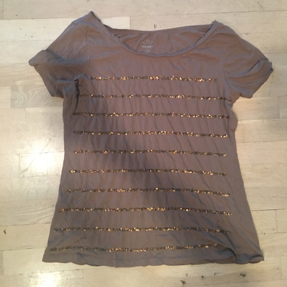 Old Navy Mocha Brown Tee with Bronze Sequin Stripe