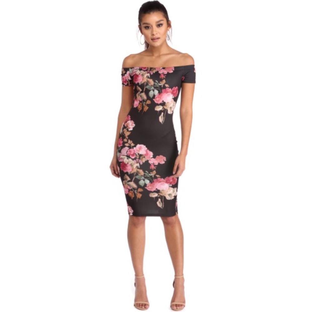 Black Floral Off the Shoulder Midi Dress