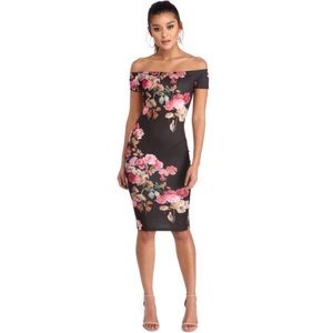 Black Floral Off the Shoulder Midi Dress