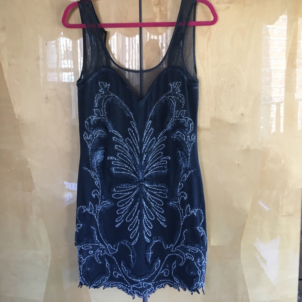 FP navy blue dress embroidered w white/pearl beads