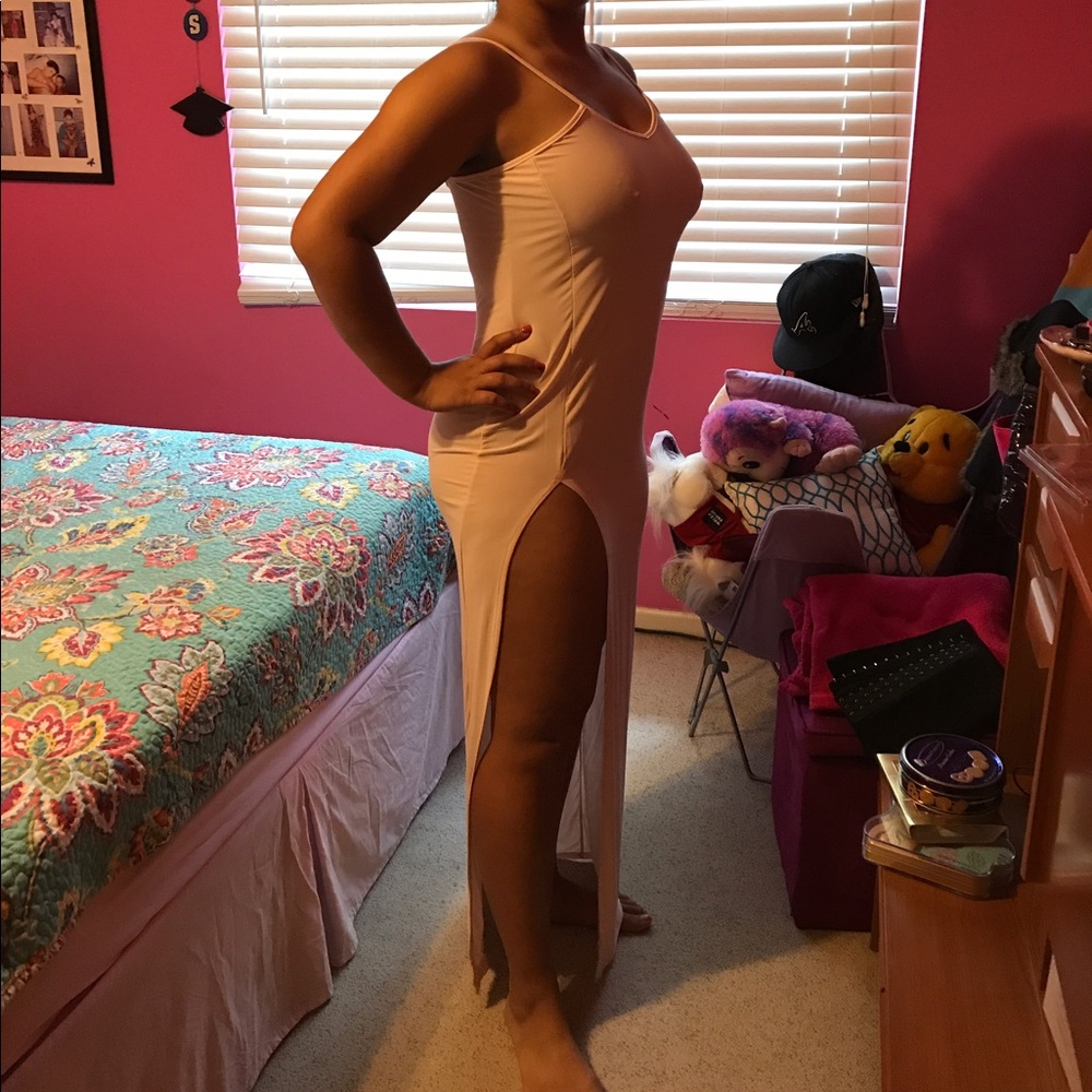Peach thigh high split dress