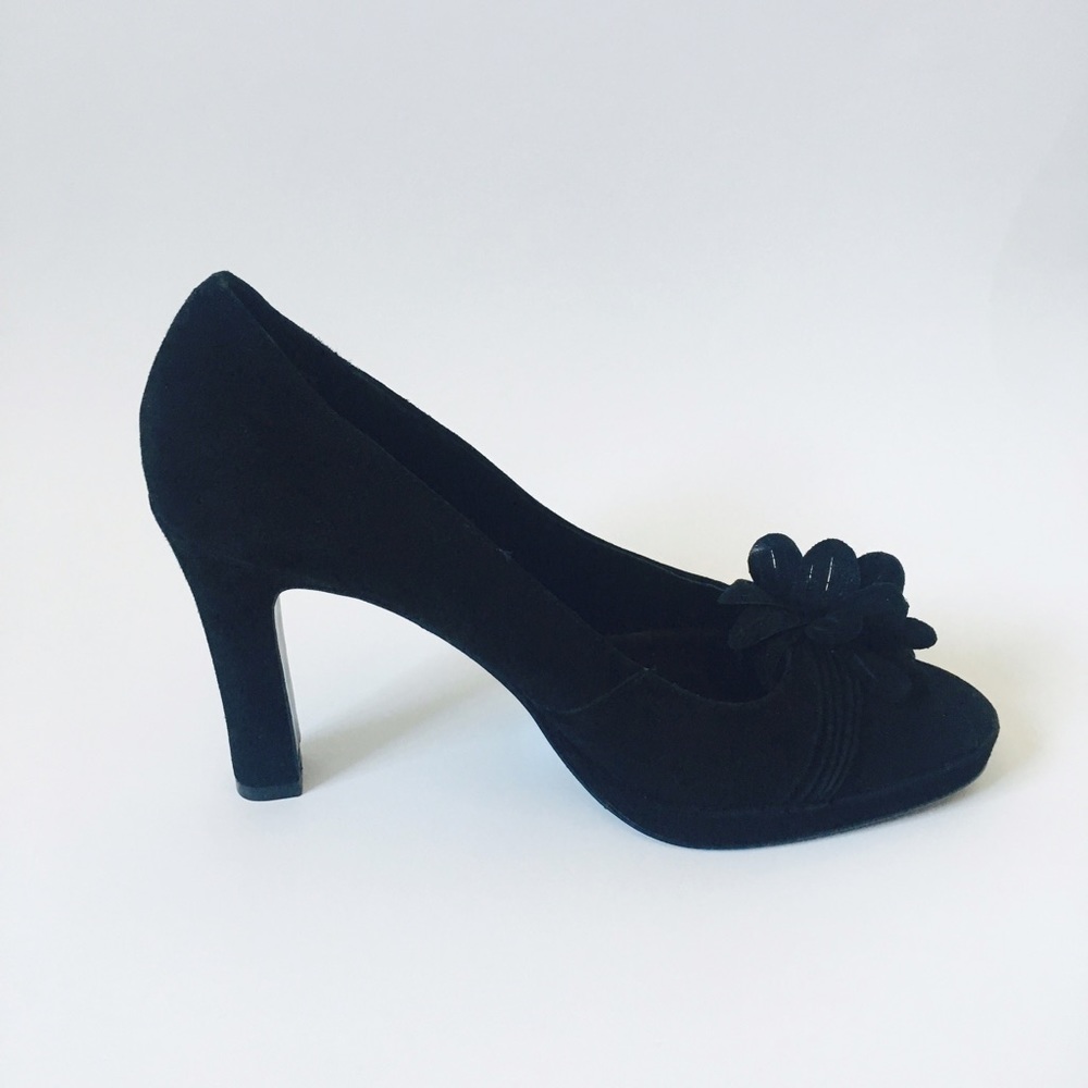 Betts Peep Toe Flower Suede Heels