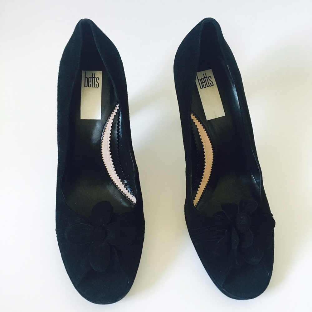 Betts Peep Toe Flower Suede Heels - Picture 2 of 5