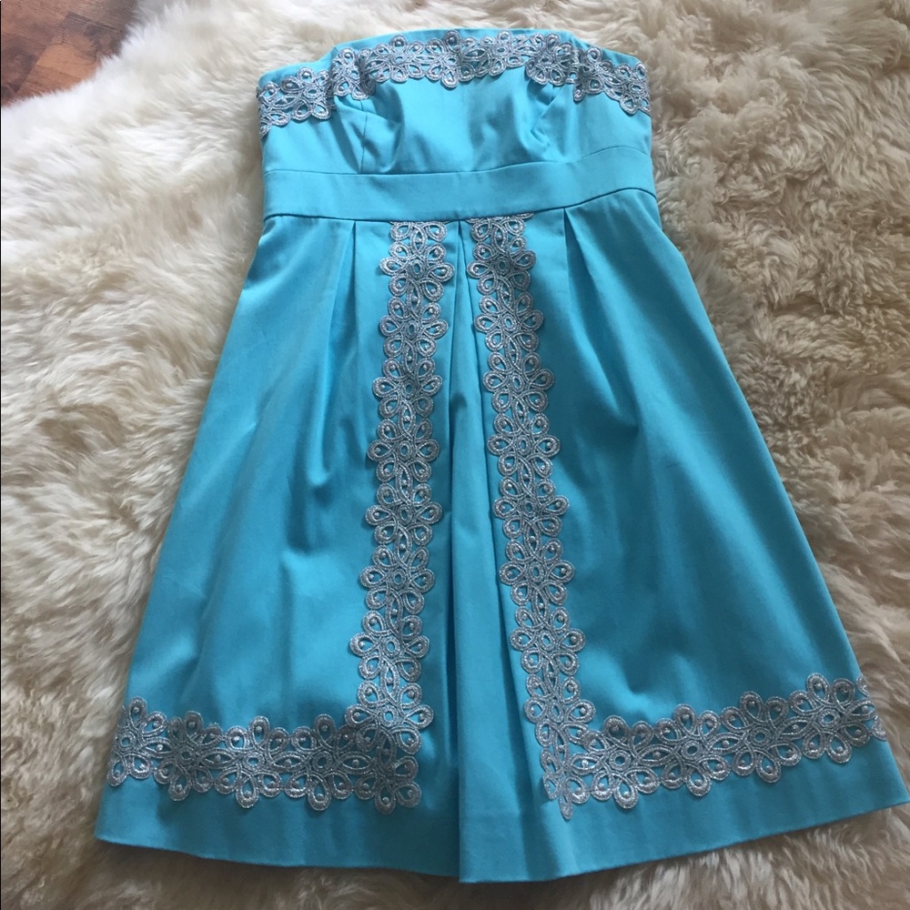 Lilly Pulitzer Blue Strapless Dress w Lace sz 2