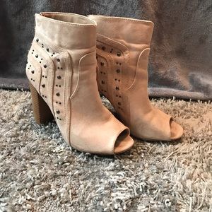 Tan, peep toe booties