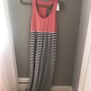 Pink and blue striped maxi dress