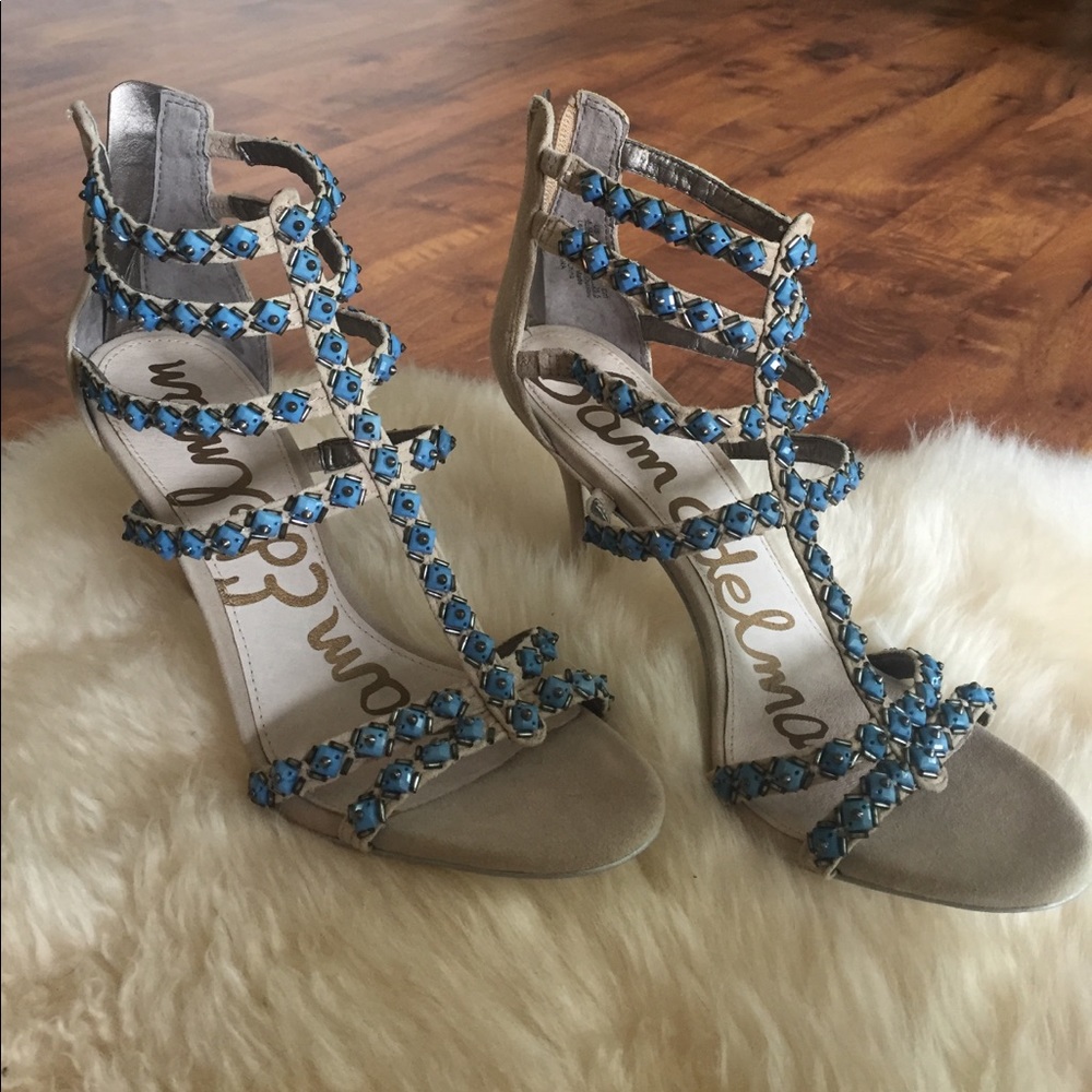 Sam Edelman Nude & Turquoise Cage Sandal sz 8.5