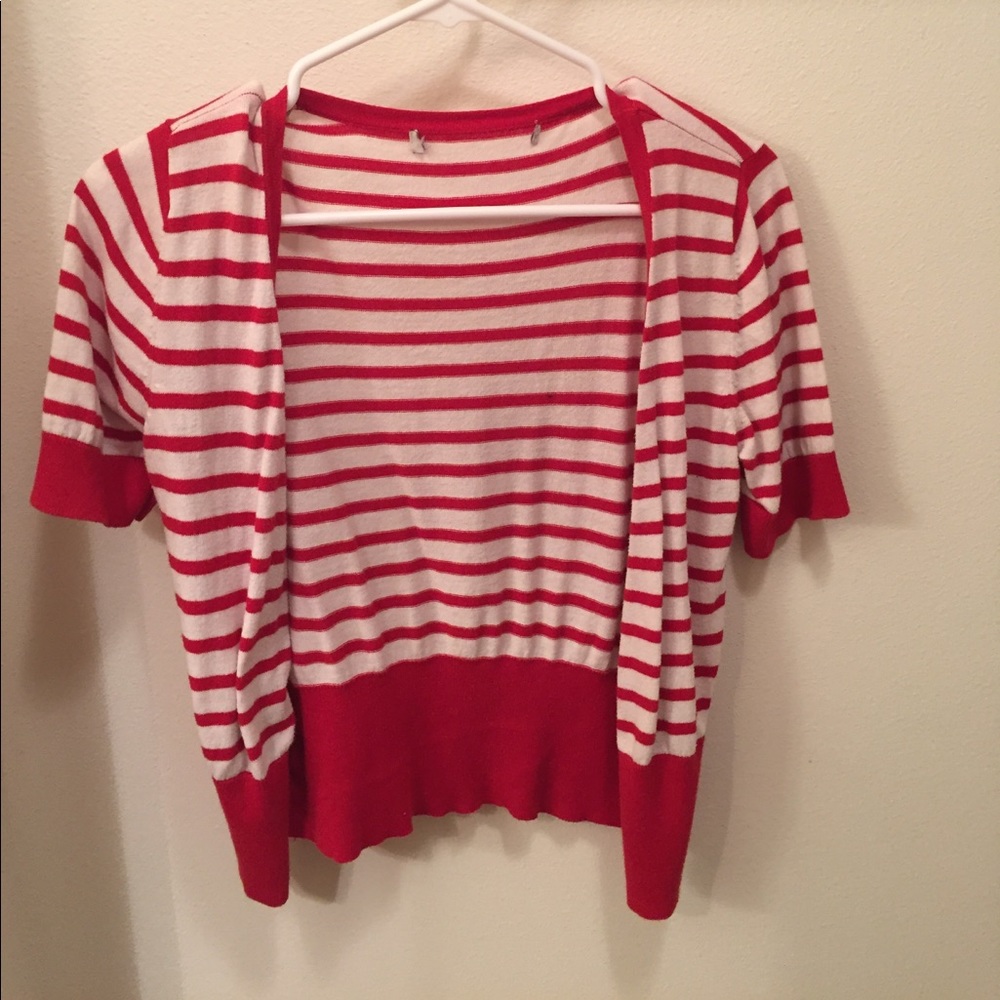 Red and white stripped cardigan.