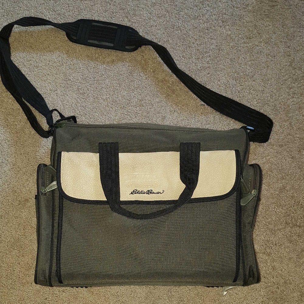 《Eddie Bauer》green•tan leather•delux diaper bag - Picture 1 of 6