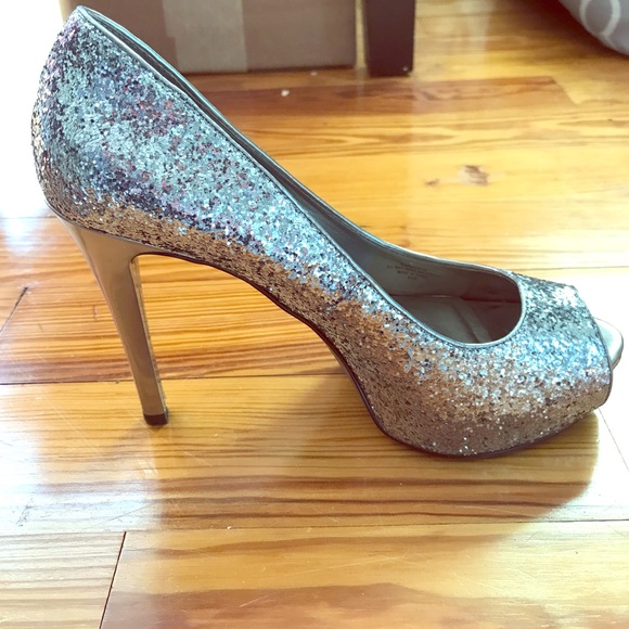 Guess Shoes Guess Silver Glitter Peep Toe Heels Poshmark