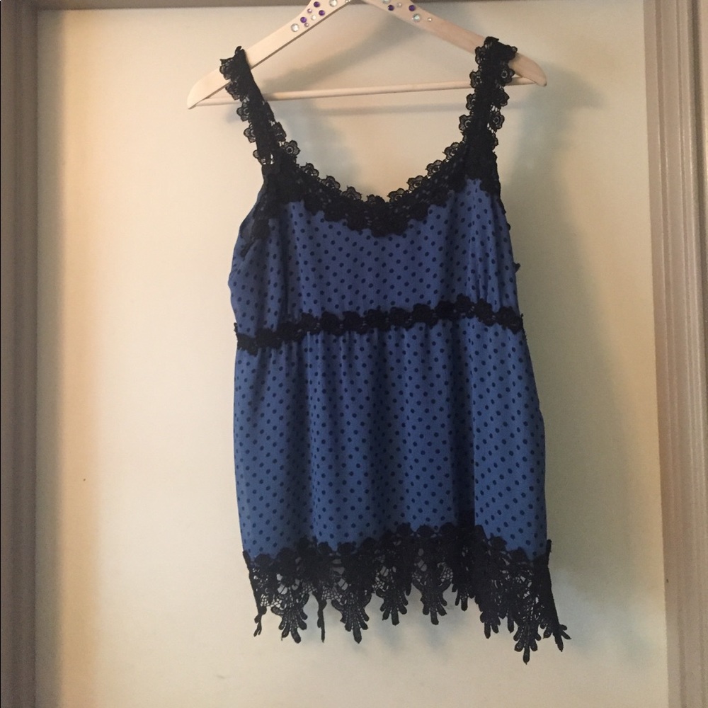 Blue&black lace and polka dot tank top